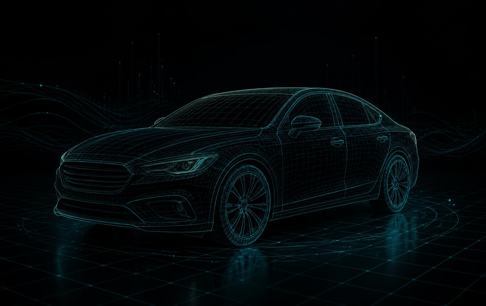 Wireframe rendering of a car representing the DealerOS inventory platform